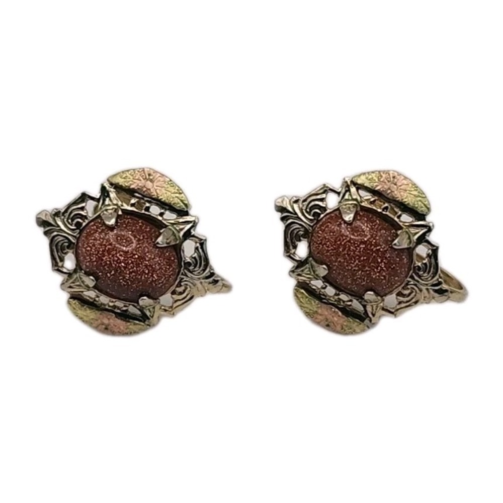 Art Deco Goldstone Tri Color Gold Tone Screw Back Vintage Earrings Retro Stud
